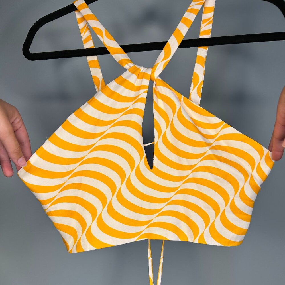 Zara Orange + White Swirly Stripe Halter Criss Cross Neck Center Cutout Tie Back